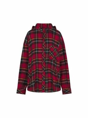 SKIMS FLANNEL SLEEP OVERSIZED HOODED BUTTON UP SHIRT RED HOLIDAY PLAID